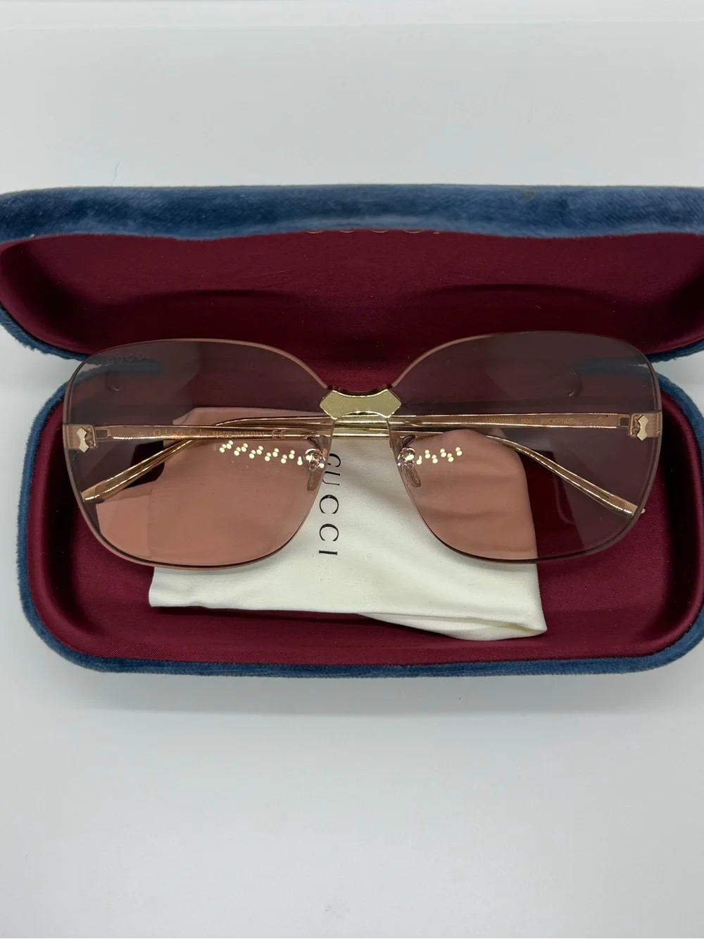 Gucci Gold-Trim Rimless Sunglasses with Rose Lenses